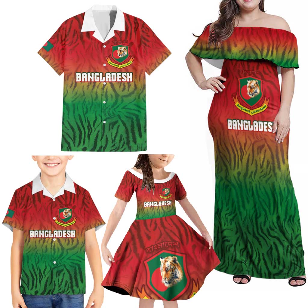 Custom Bangladesh Cricket-The Tigers Family Matching Off Shoulder Maxi Dress and Hawaiian Shirt