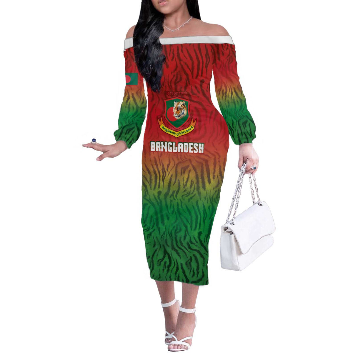Custom Bangladesh Cricket-The Tigers Off The Shoulder Long Sleeve Dress