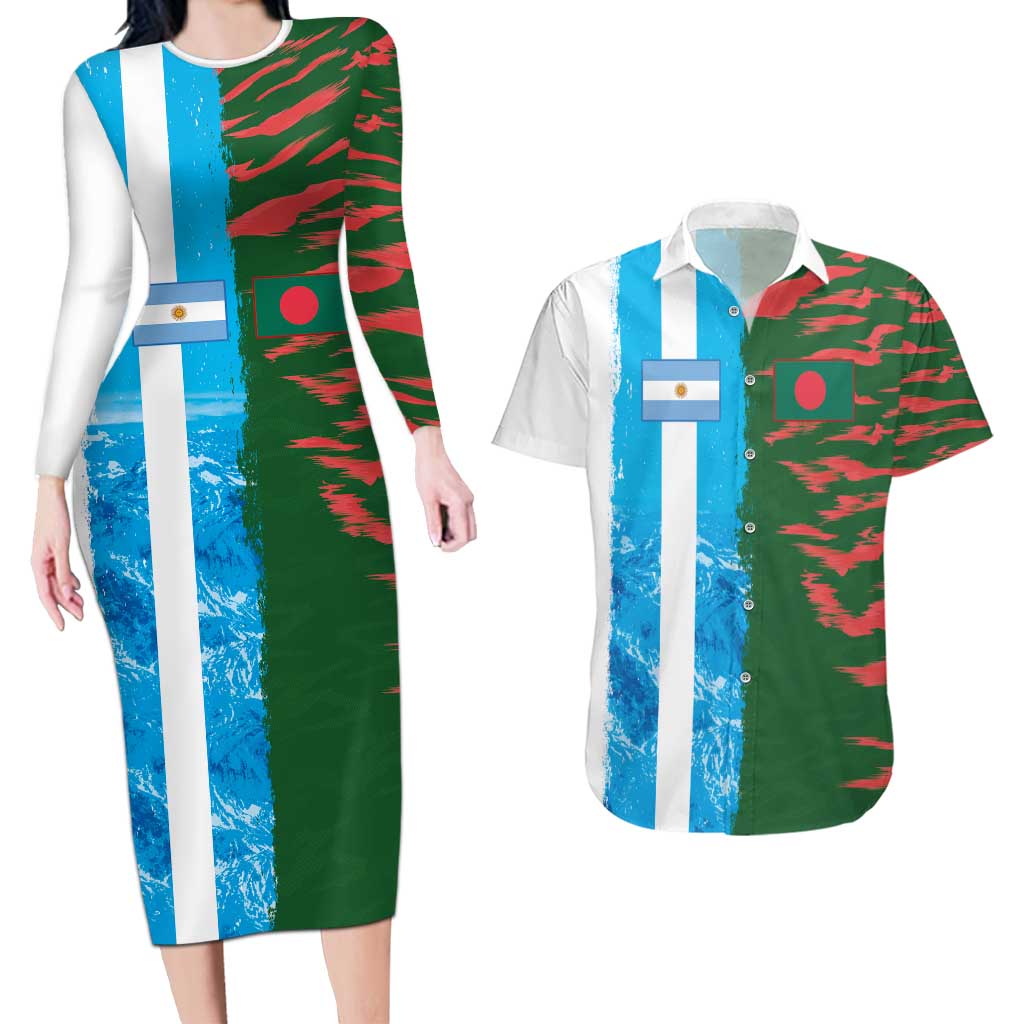 Custom Bangladesh and Argentina Football Half Style Couples Matching Long Sleeve Bodycon Dress and Hawaiian Shirt