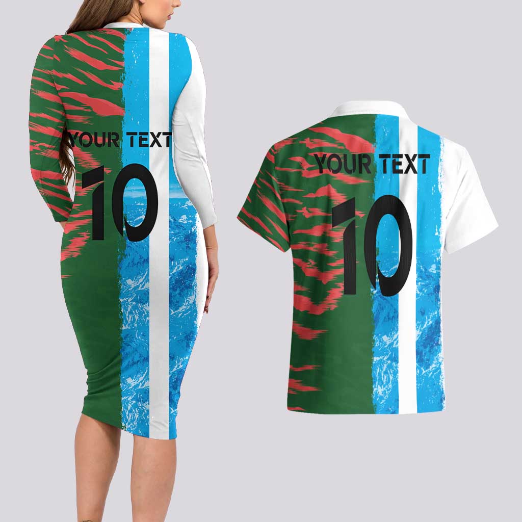 Custom Bangladesh and Argentina Football Half Style Couples Matching Long Sleeve Bodycon Dress and Hawaiian Shirt