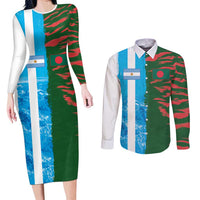 Custom Bangladesh and Argentina Football Half Style Couples Matching Long Sleeve Bodycon Dress and Long Sleeve Button Shirt