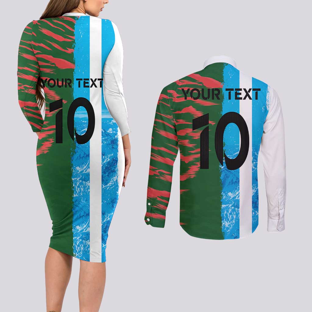 Custom Bangladesh and Argentina Football Half Style Couples Matching Long Sleeve Bodycon Dress and Long Sleeve Button Shirt