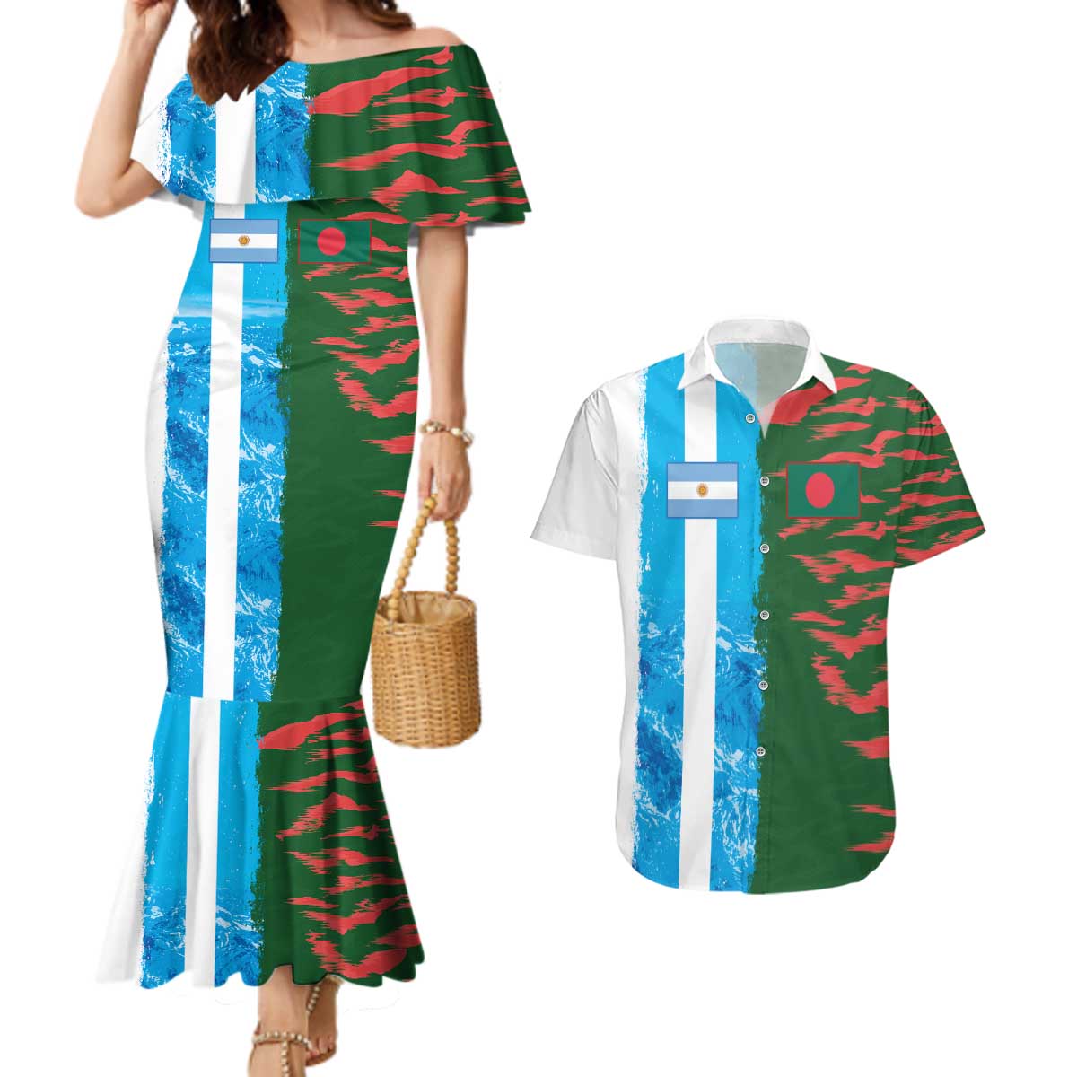 Custom Bangladesh and Argentina Football Half Style Couples Matching Mermaid Dress and Hawaiian Shirt
