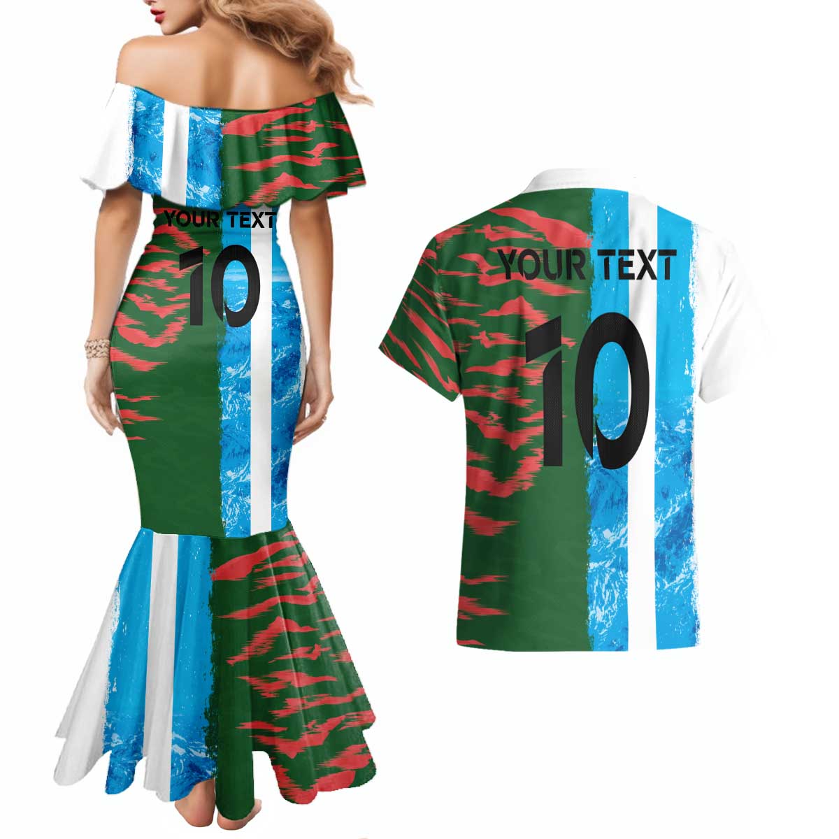 Custom Bangladesh and Argentina Football Half Style Couples Matching Mermaid Dress and Hawaiian Shirt
