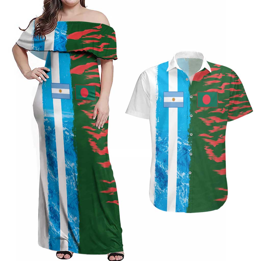 Custom Bangladesh and Argentina Football Half Style Couples Matching Off Shoulder Maxi Dress and Hawaiian Shirt