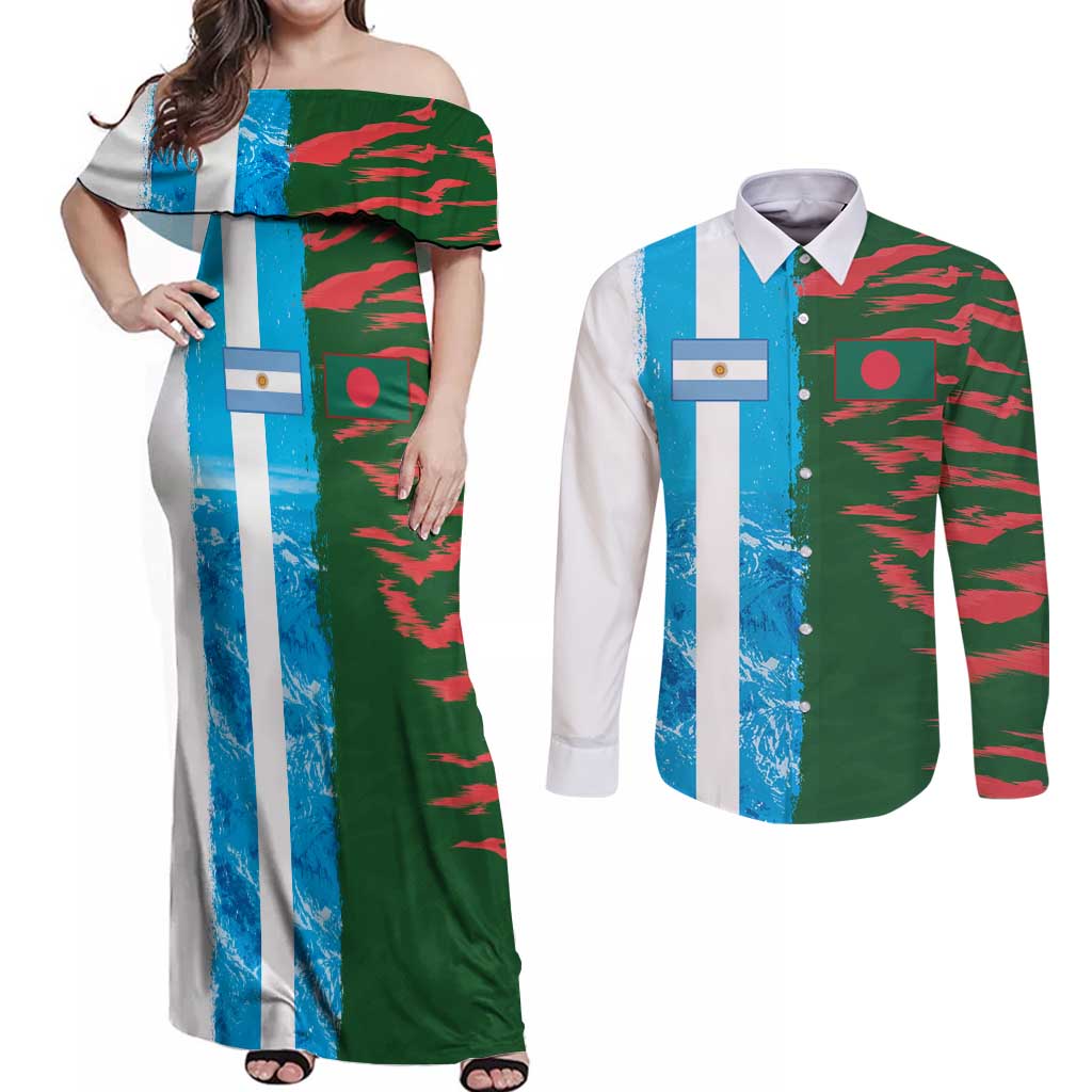 Custom Bangladesh and Argentina Football Half Style Couples Matching Off Shoulder Maxi Dress and Long Sleeve Button Shirt
