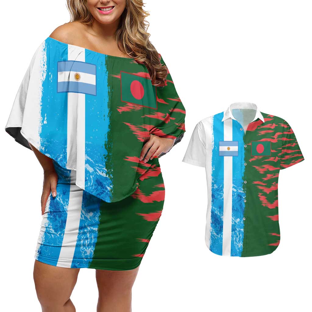 Custom Bangladesh and Argentina Football Half Style Couples Matching Off Shoulder Short Dress and Hawaiian Shirt