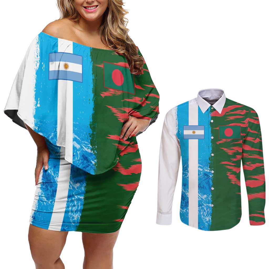 Custom Bangladesh and Argentina Football Half Style Couples Matching Off Shoulder Short Dress and Long Sleeve Button Shirt