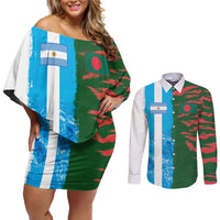 Custom Bangladesh and Argentina Football Half Style Couples Matching Off Shoulder Short Dress and Long Sleeve Button Shirt