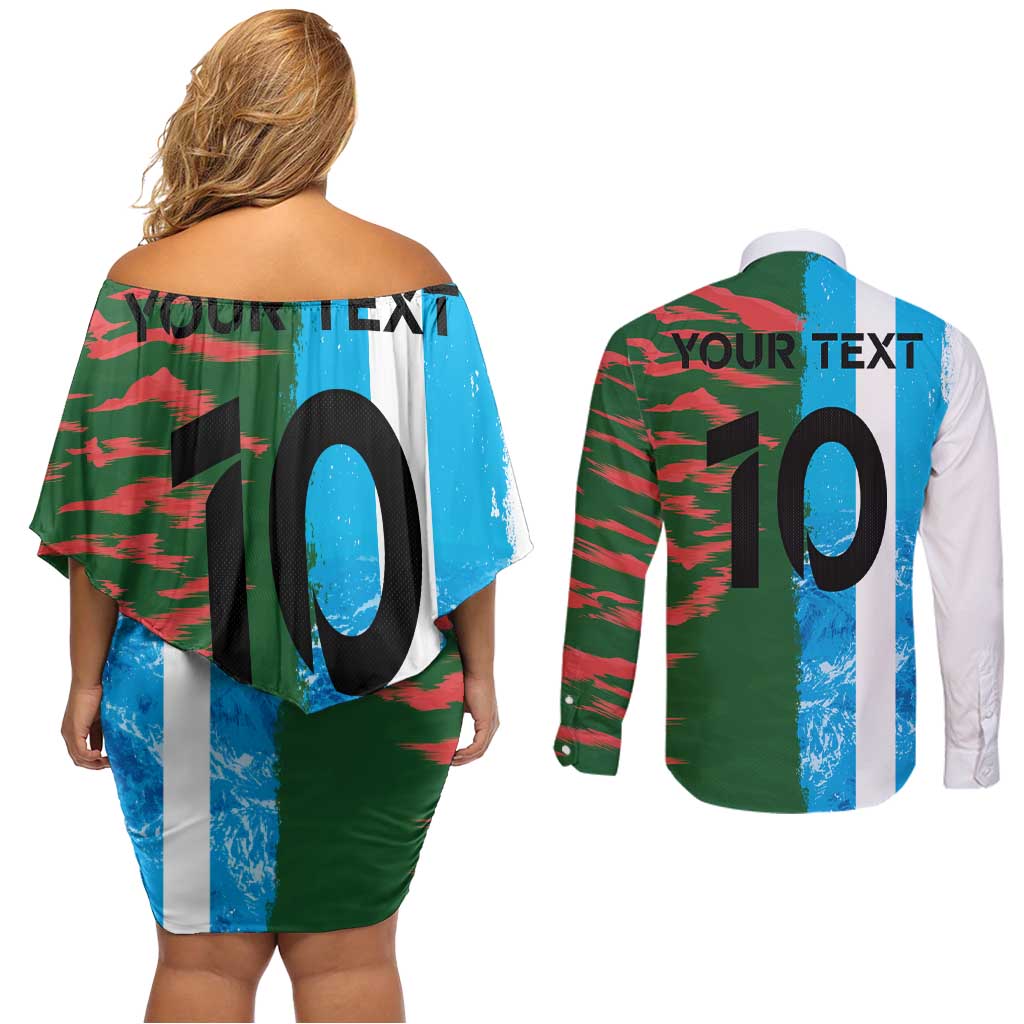 Custom Bangladesh and Argentina Football Half Style Couples Matching Off Shoulder Short Dress and Long Sleeve Button Shirt