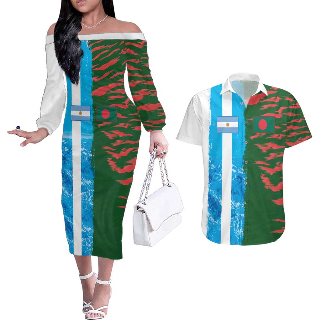 Custom Bangladesh and Argentina Football Half Style Couples Matching Off The Shoulder Long Sleeve Dress and Hawaiian Shirt