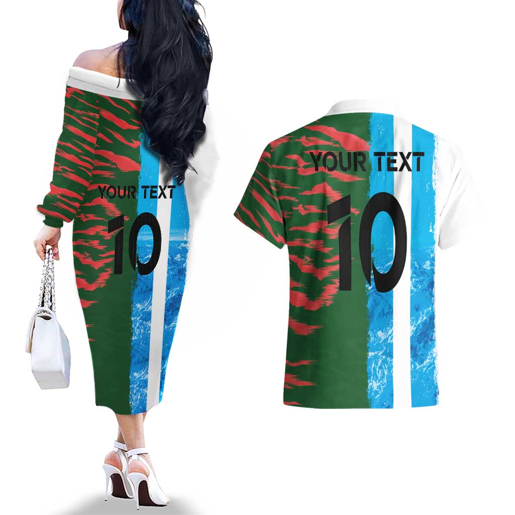 Custom Bangladesh and Argentina Football Half Style Couples Matching Off The Shoulder Long Sleeve Dress and Hawaiian Shirt