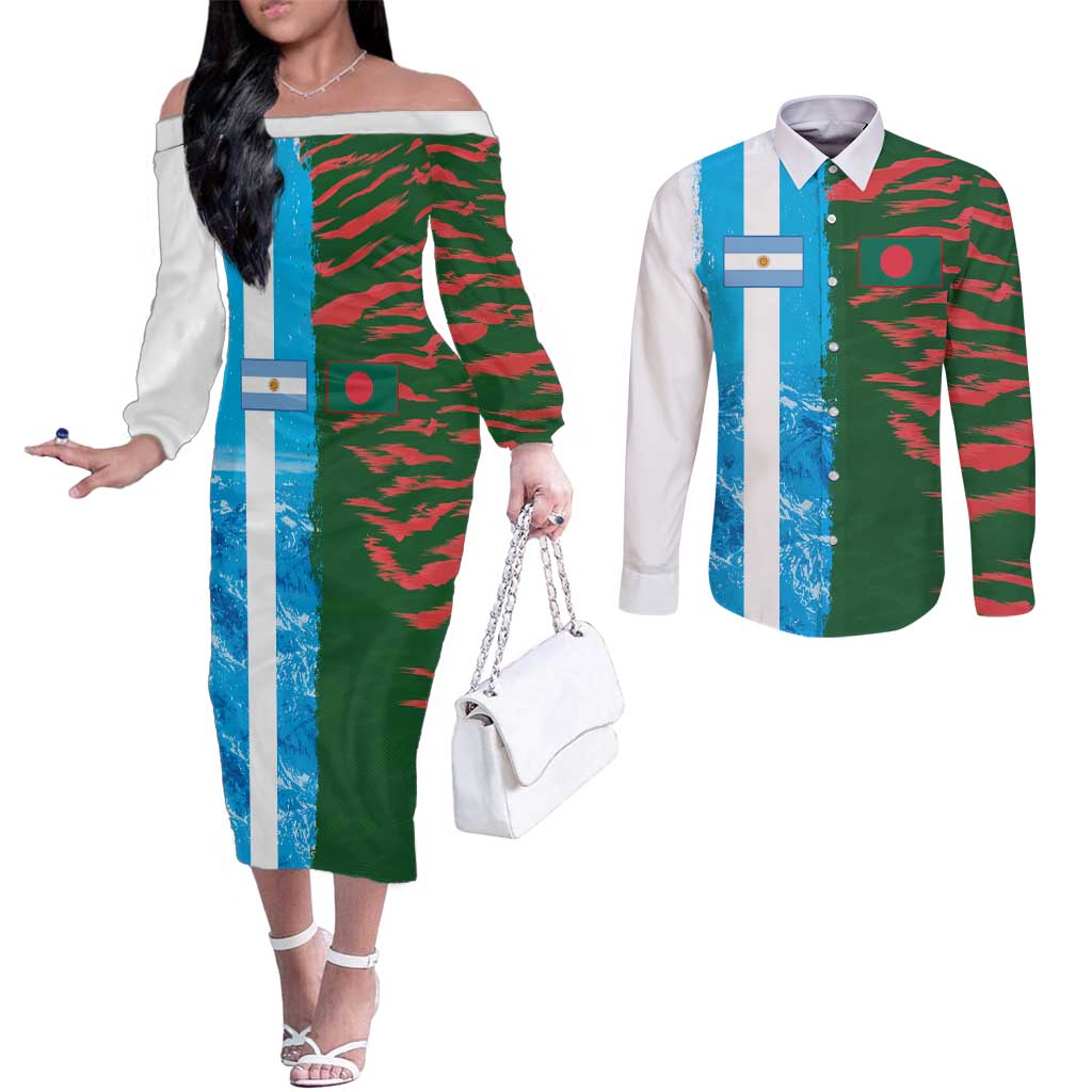 Custom Bangladesh and Argentina Football Half Style Couples Matching Off The Shoulder Long Sleeve Dress and Long Sleeve Button Shirt