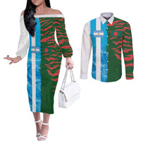 Custom Bangladesh and Argentina Football Half Style Couples Matching Off The Shoulder Long Sleeve Dress and Long Sleeve Button Shirt