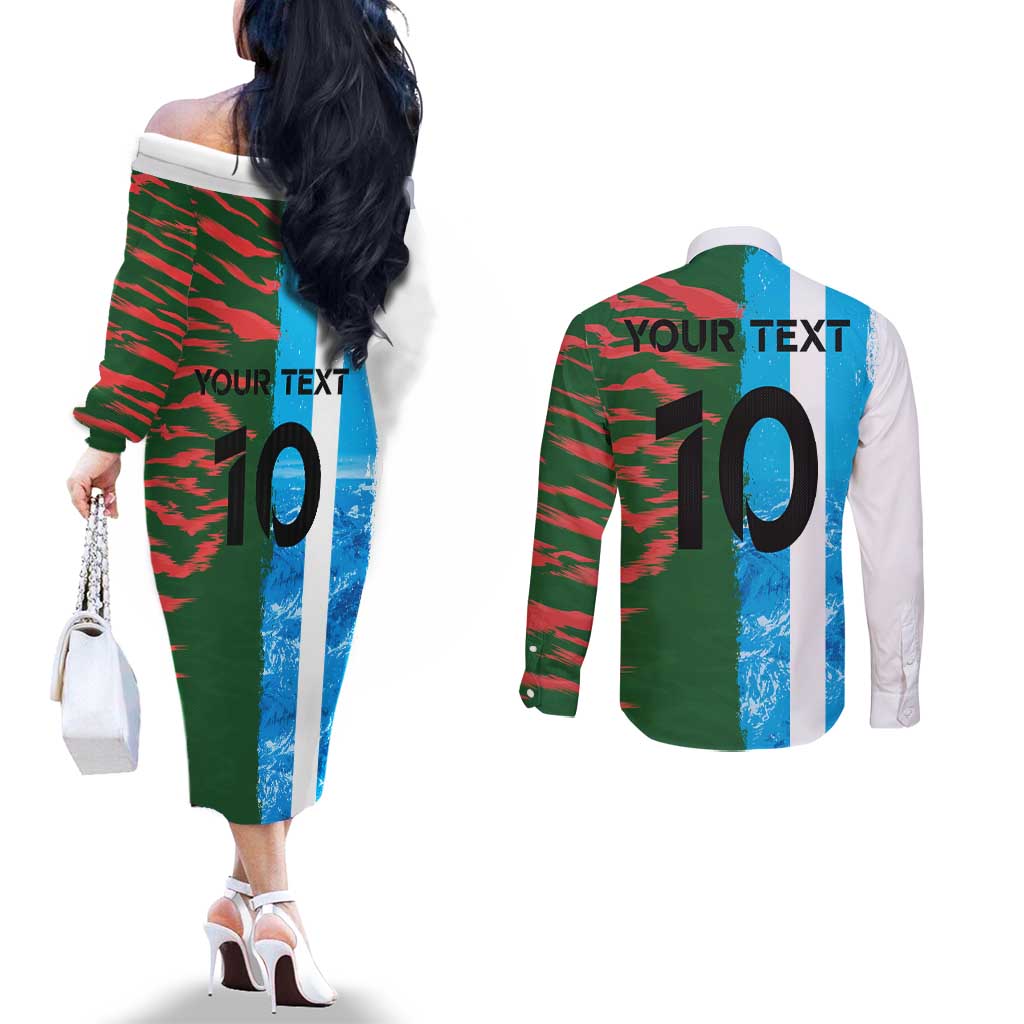Custom Bangladesh and Argentina Football Half Style Couples Matching Off The Shoulder Long Sleeve Dress and Long Sleeve Button Shirt