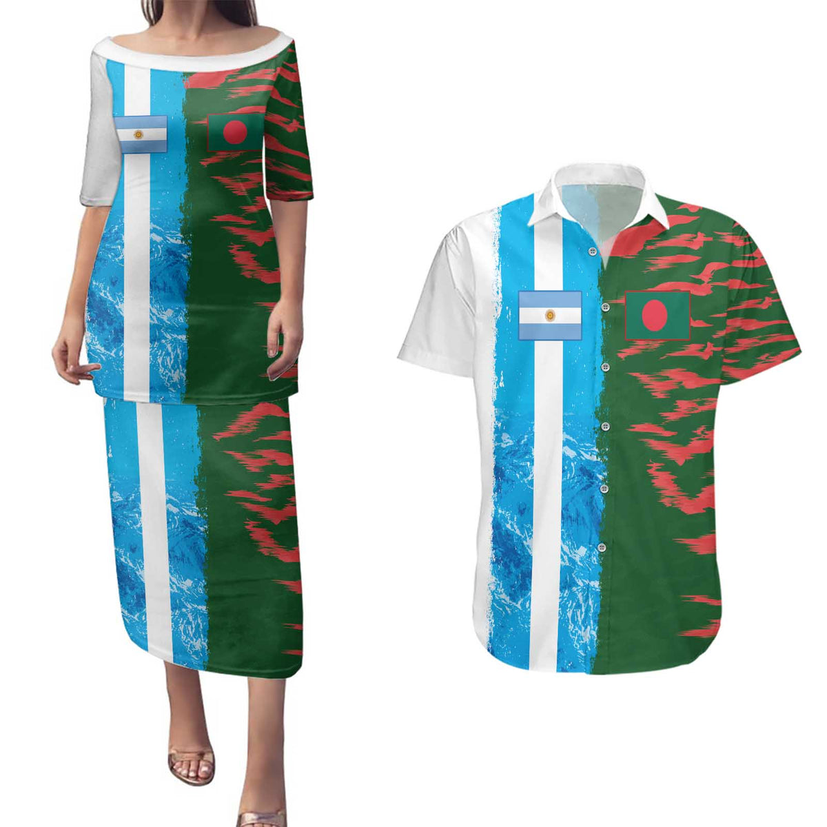 Custom Bangladesh and Argentina Football Half Style Couples Matching Puletasi and Hawaiian Shirt