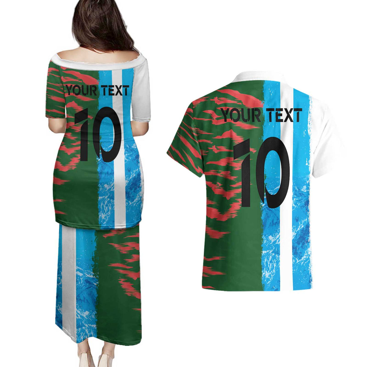 Custom Bangladesh and Argentina Football Half Style Couples Matching Puletasi and Hawaiian Shirt