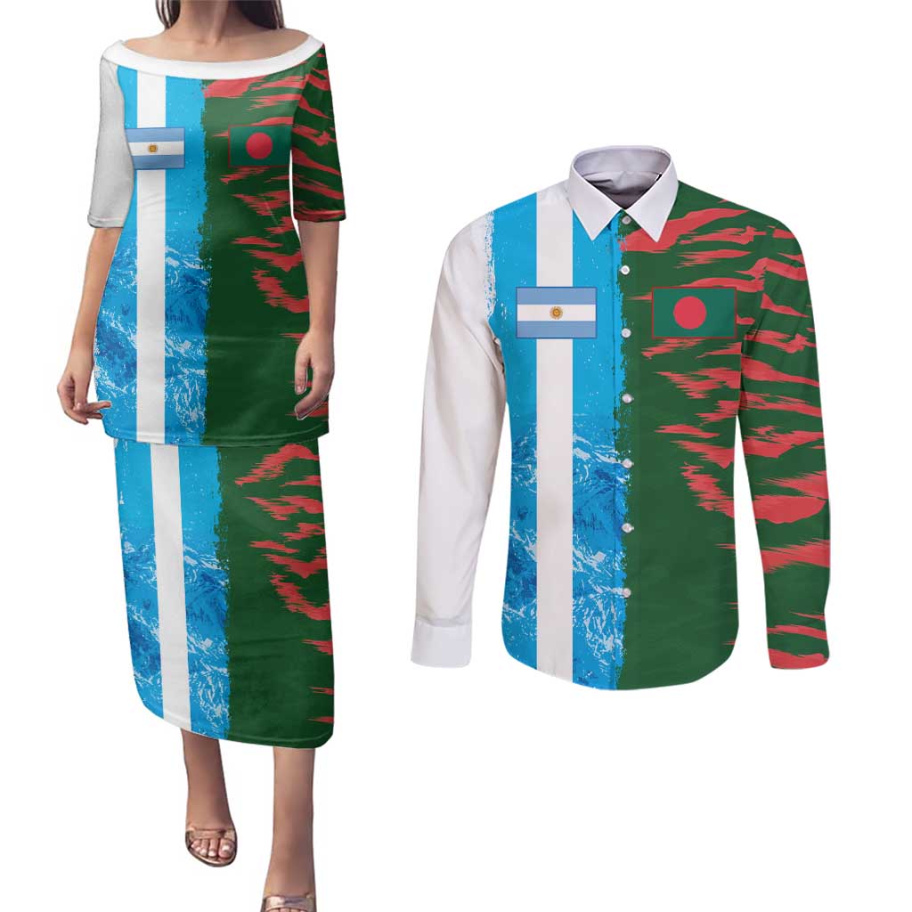 Custom Bangladesh and Argentina Football Half Style Couples Matching Puletasi and Long Sleeve Button Shirt