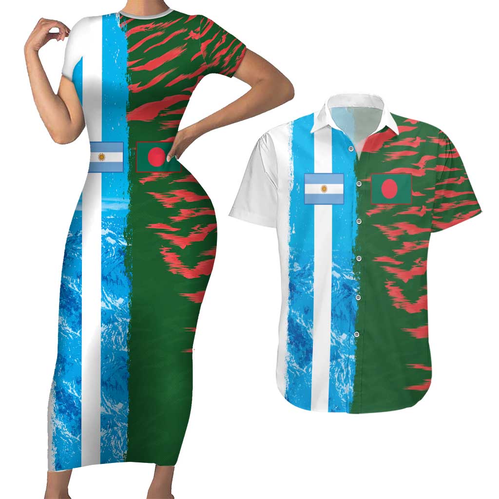 Custom Bangladesh and Argentina Football Half Style Couples Matching Short Sleeve Bodycon Dress and Hawaiian Shirt