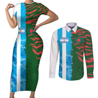 Custom Bangladesh and Argentina Football Half Style Couples Matching Short Sleeve Bodycon Dress and Long Sleeve Button Shirt