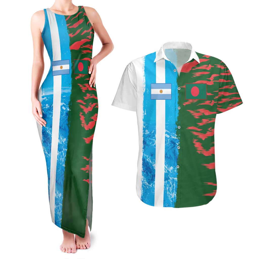 Custom Bangladesh and Argentina Football Half Style Couples Matching Tank Maxi Dress and Hawaiian Shirt