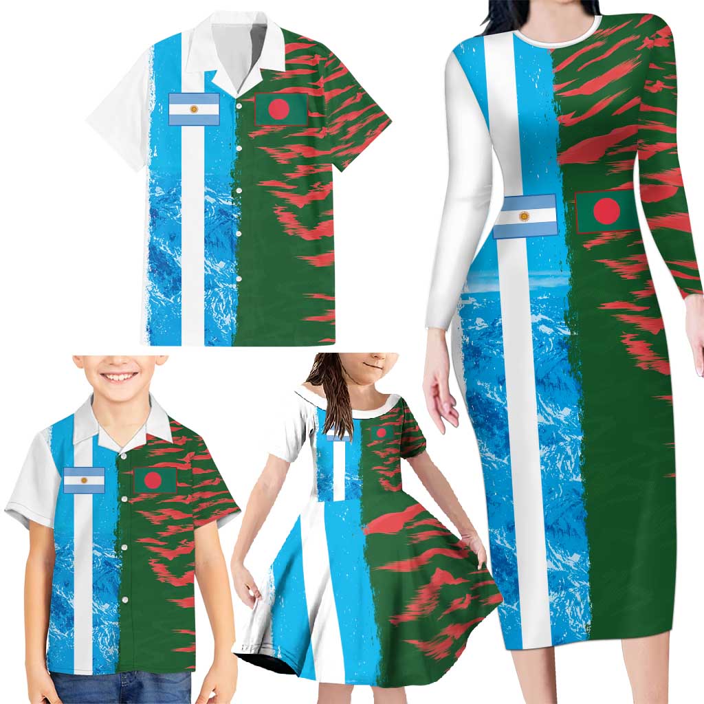 Custom Bangladesh and Argentina Football Half Style Family Matching Long Sleeve Bodycon Dress and Hawaiian Shirt