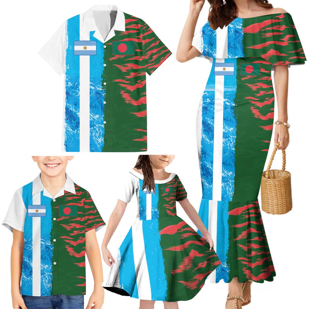 Custom Bangladesh and Argentina Football Half Style Family Matching Mermaid Dress and Hawaiian Shirt