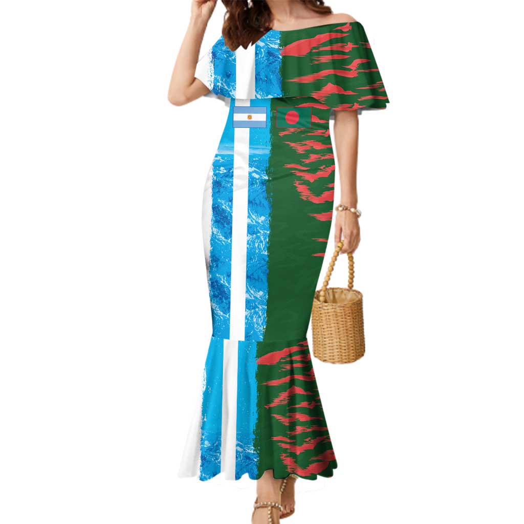 Custom Bangladesh and Argentina Football Half Style Family Matching Mermaid Dress and Hawaiian Shirt