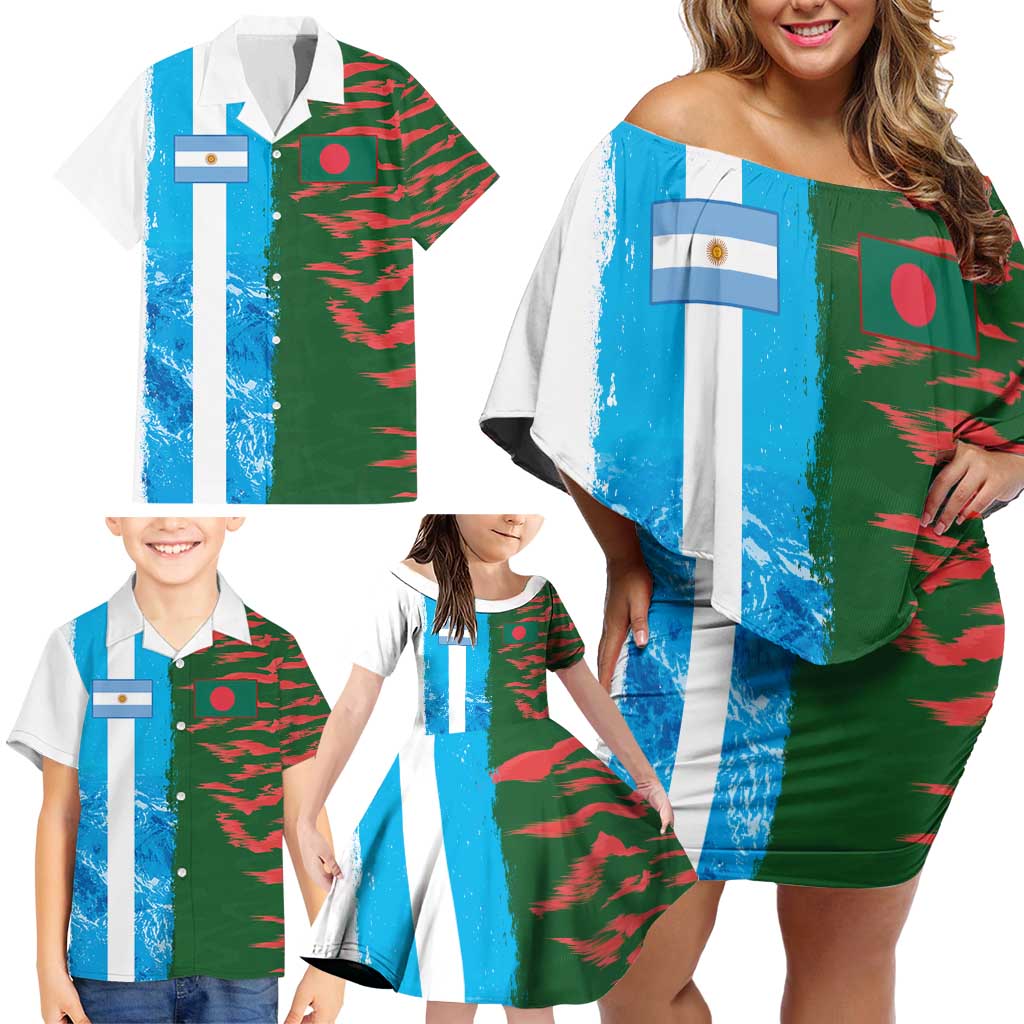 Custom Bangladesh and Argentina Football Half Style Family Matching Off Shoulder Short Dress and Hawaiian Shirt