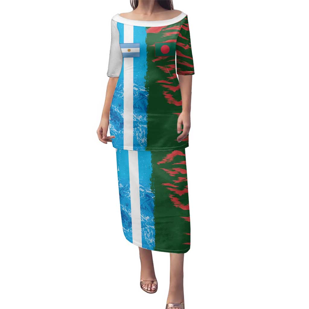 Custom Bangladesh and Argentina Football Half Style Family Matching Puletasi and Hawaiian Shirt