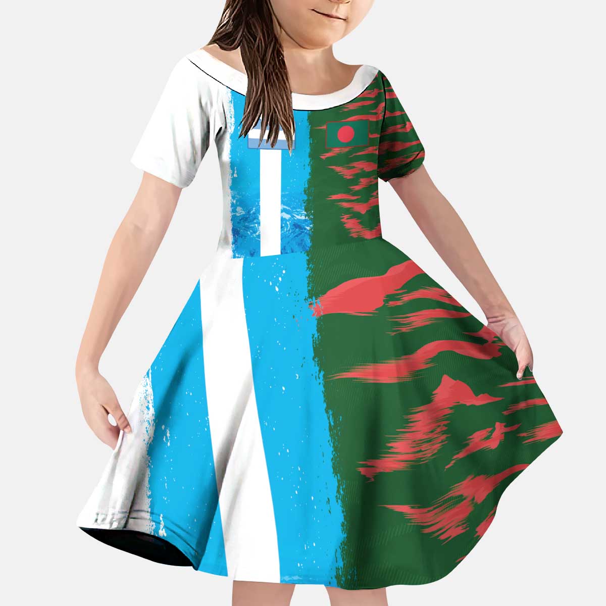 Custom Bangladesh and Argentina Football Half Style Kid Short Sleeve Dress