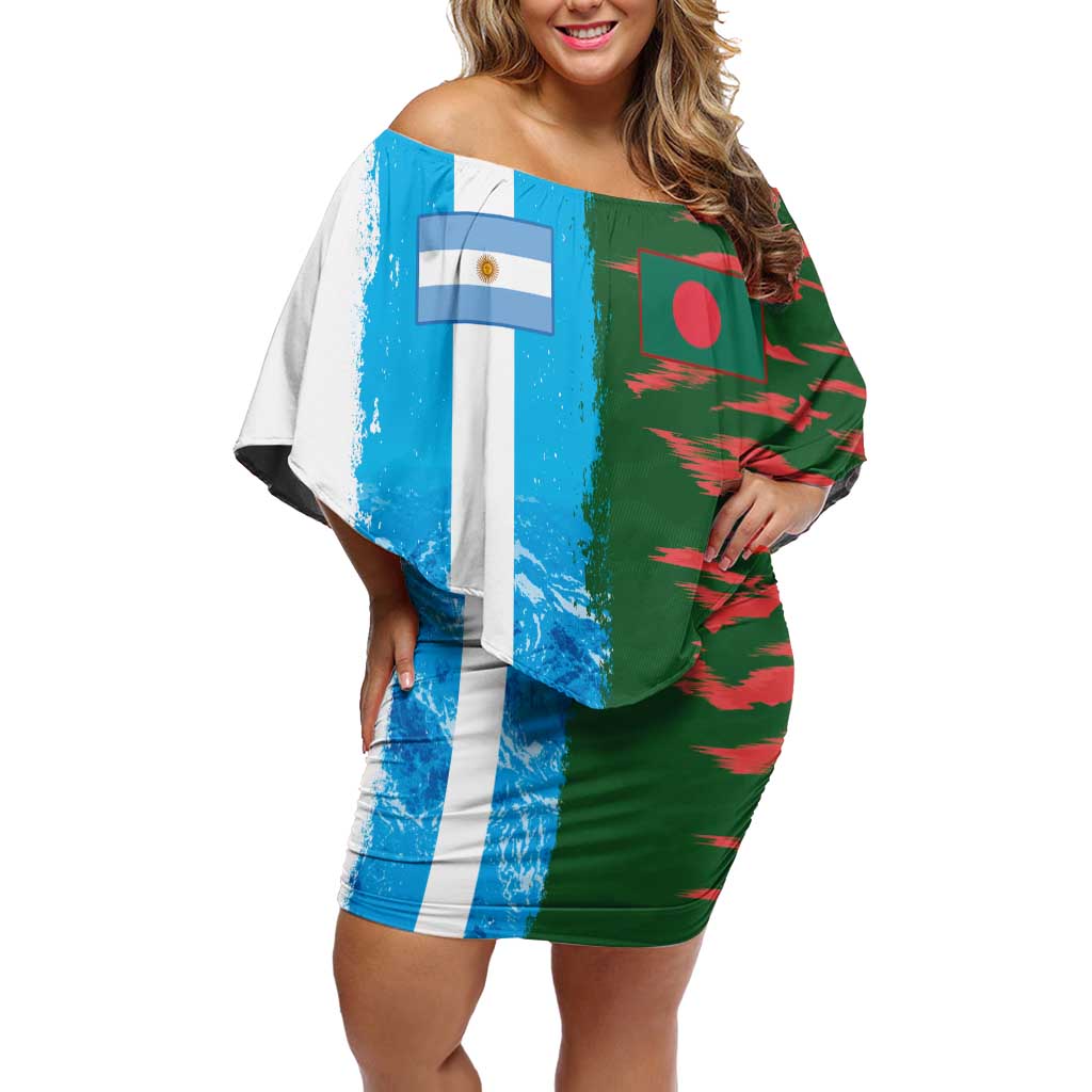 Custom Bangladesh and Argentina Football Half Style Off Shoulder Short Dress