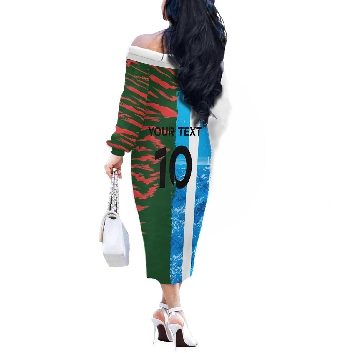 Custom Bangladesh and Argentina Football Half Style Off The Shoulder Long Sleeve Dress