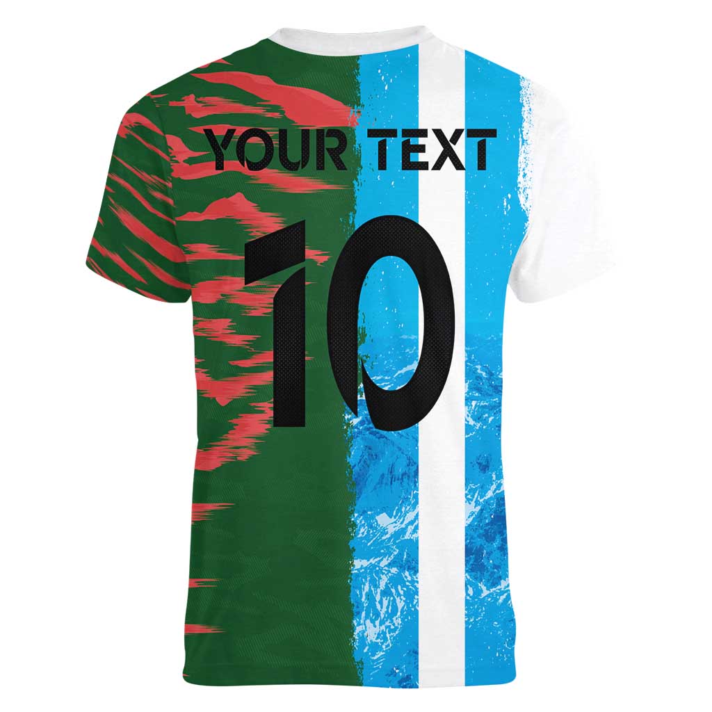 Custom Bangladesh and Argentina Football Half Style Women V-Neck T-Shirt