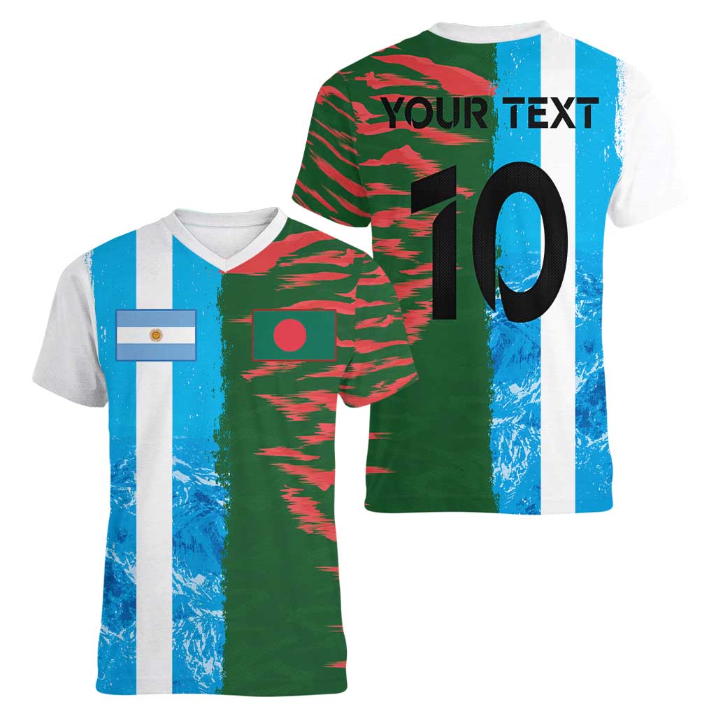 Custom Bangladesh and Argentina Football Half Style Women V-Neck T-Shirt
