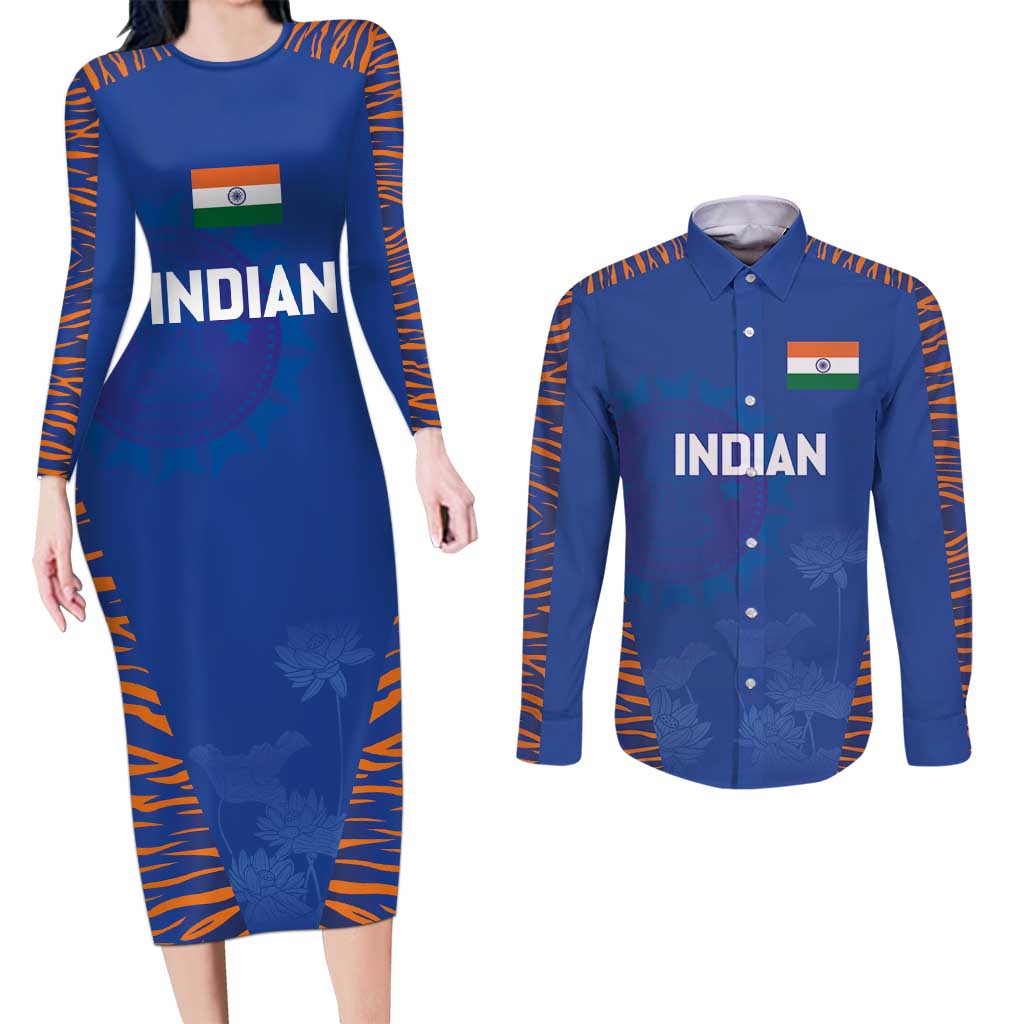 Custom Indian Bengal Tiger Cricket Couples Matching Long Sleeve Bodycon Dress and Long Sleeve Button Shirt