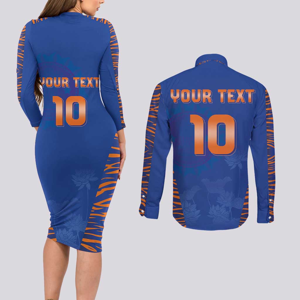 Custom Indian Bengal Tiger Cricket Couples Matching Long Sleeve Bodycon Dress and Long Sleeve Button Shirt