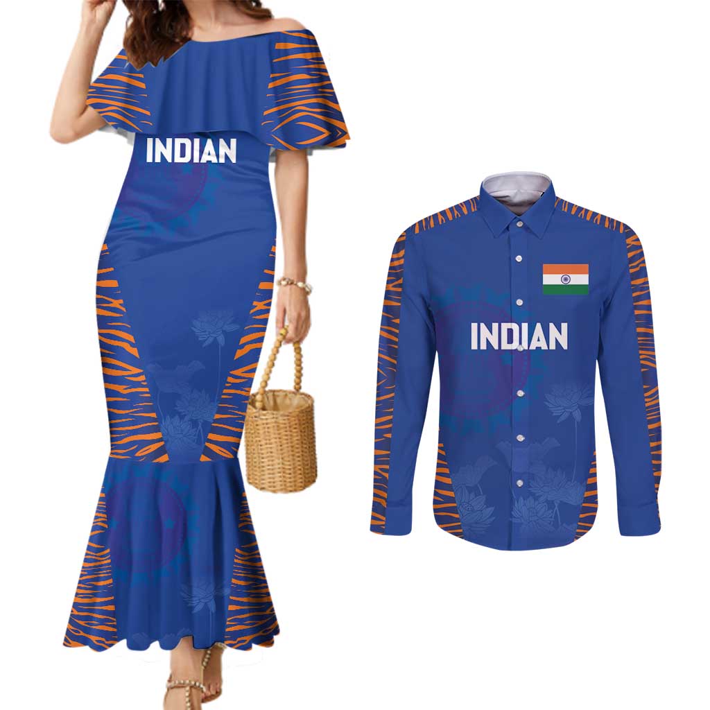 Custom Indian Bengal Tiger Cricket Couples Matching Mermaid Dress and Long Sleeve Button Shirt