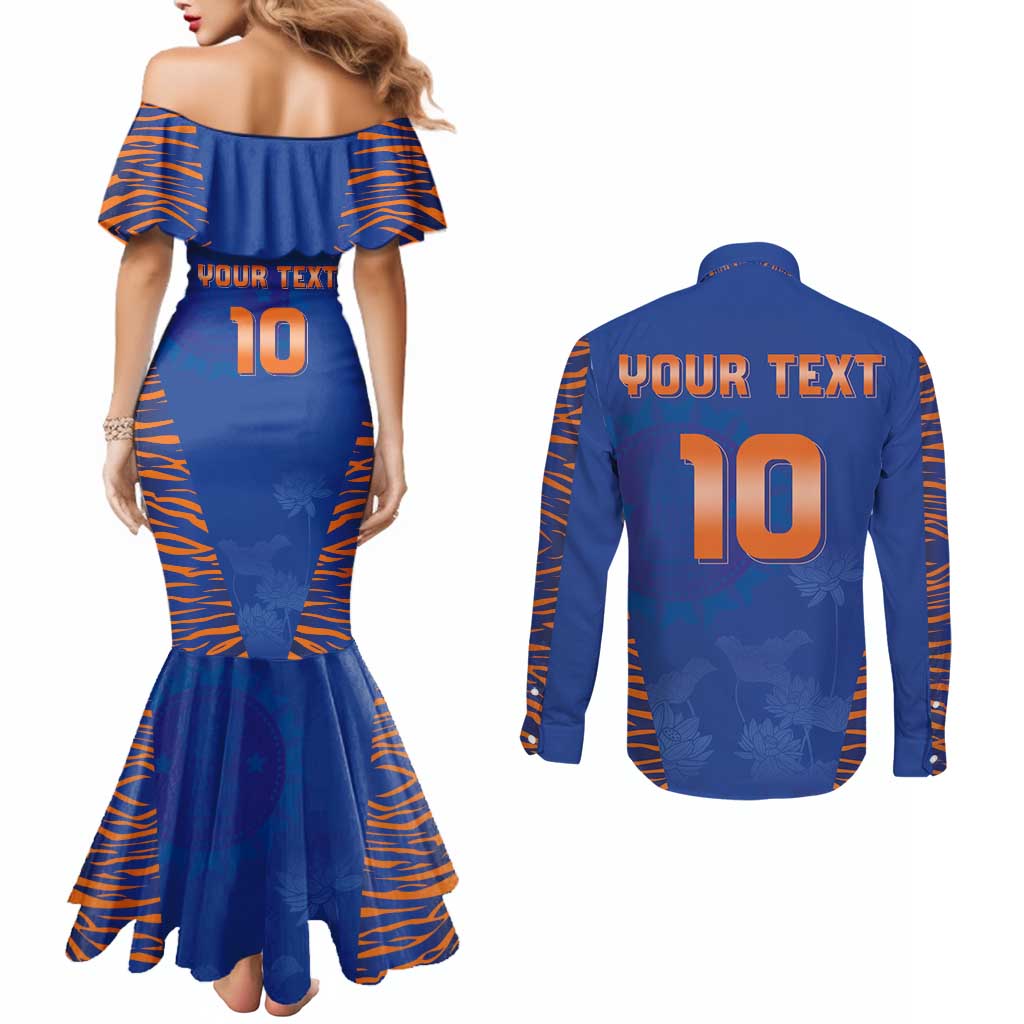 Custom Indian Bengal Tiger Cricket Couples Matching Mermaid Dress and Long Sleeve Button Shirt
