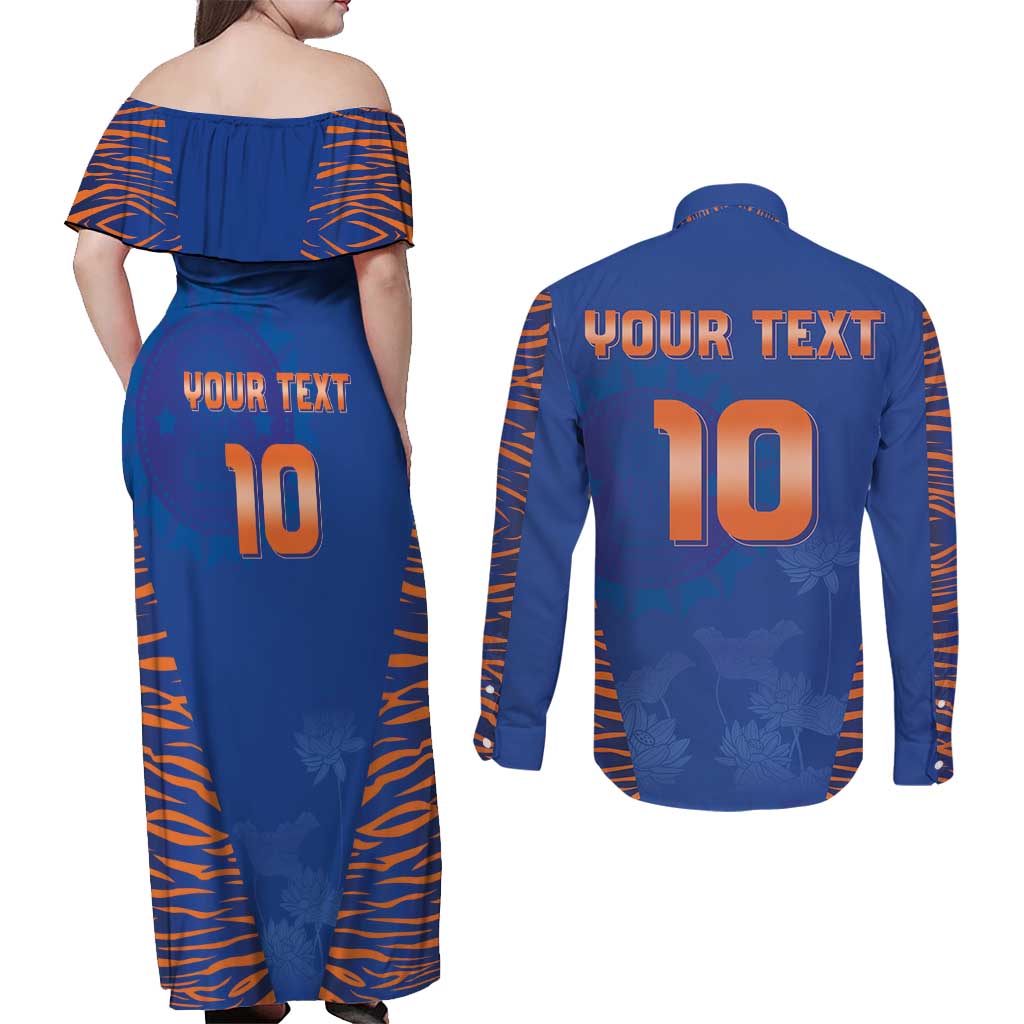 Custom Indian Bengal Tiger Cricket Couples Matching Off Shoulder Maxi Dress and Long Sleeve Button Shirt