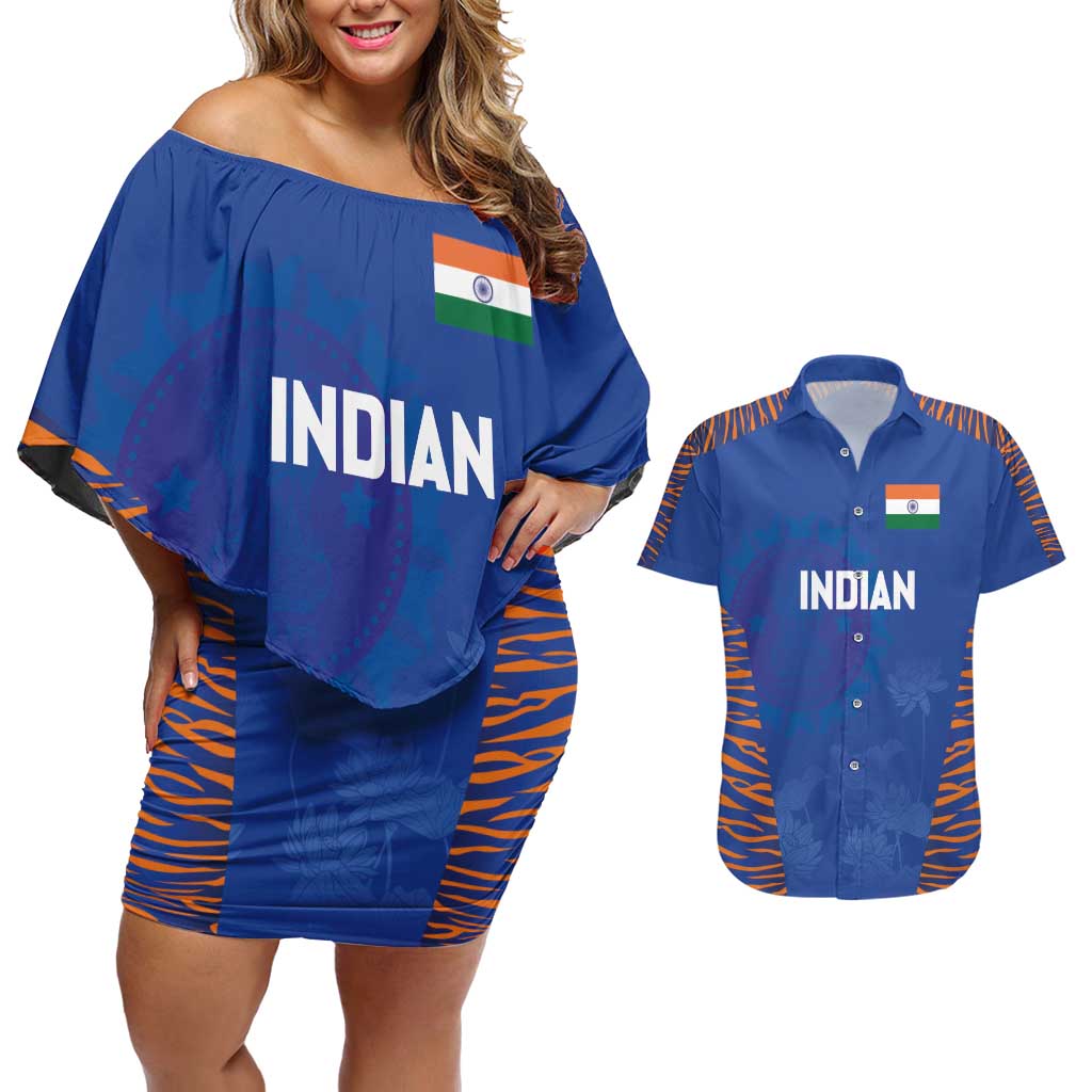 Custom Indian Bengal Tiger Cricket Couples Matching Off Shoulder Short Dress and Hawaiian Shirt