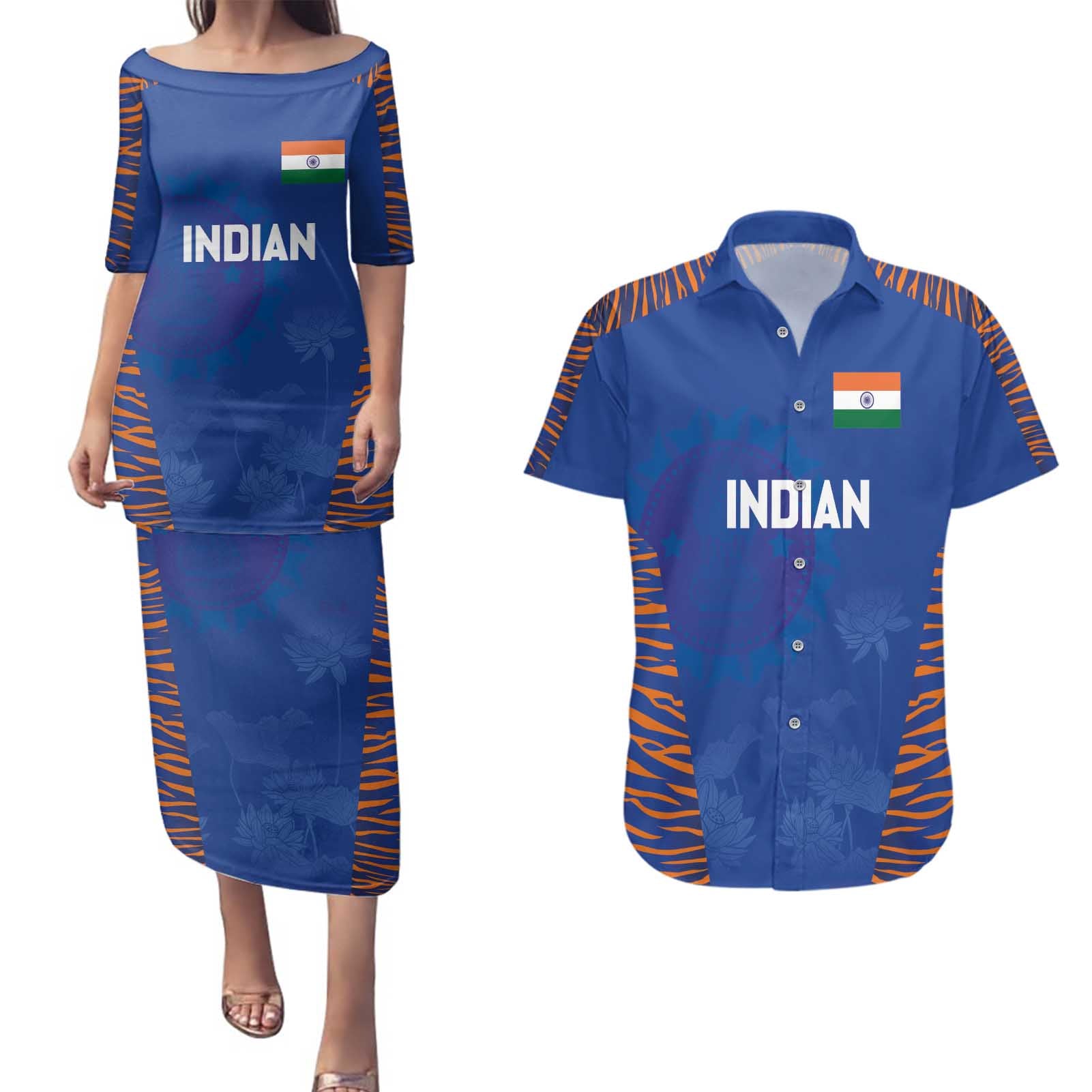 Custom Indian Bengal Tiger Cricket Couples Matching Puletasi and Hawaiian Shirt