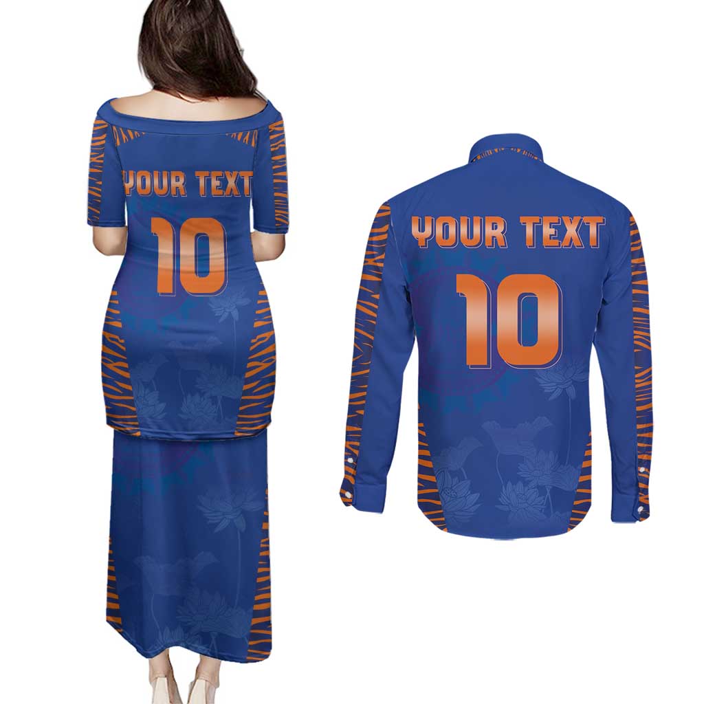 Custom Indian Bengal Tiger Cricket Couples Matching Puletasi and Long Sleeve Button Shirt