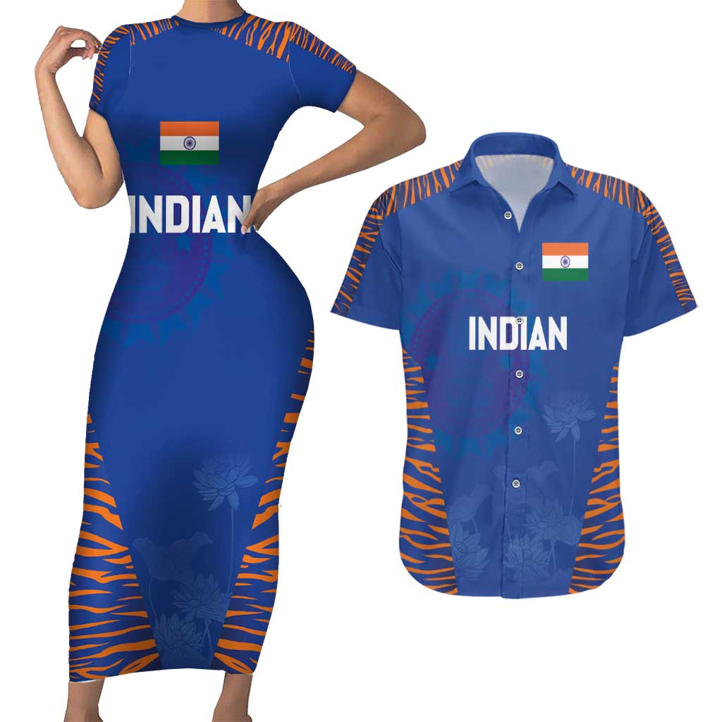 Custom Indian Bengal Tiger Cricket Couples Matching Short Sleeve Bodycon Dress and Hawaiian Shirt