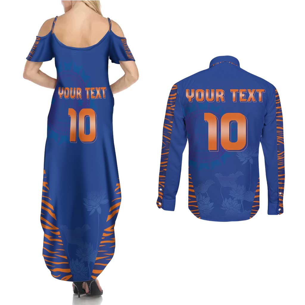 Custom Indian Bengal Tiger Cricket Couples Matching Summer Maxi Dress and Long Sleeve Button Shirt