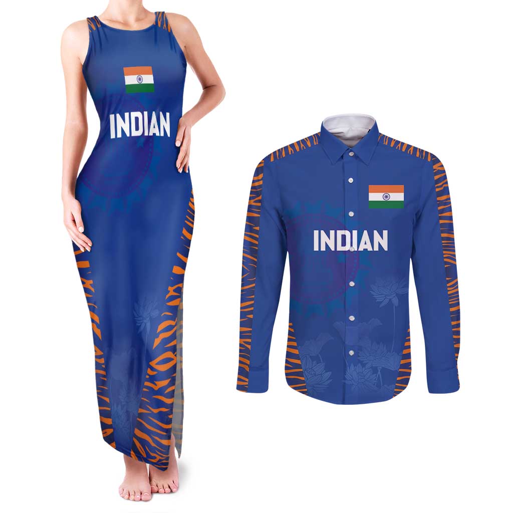 Custom Indian Bengal Tiger Cricket Couples Matching Tank Maxi Dress and Long Sleeve Button Shirt