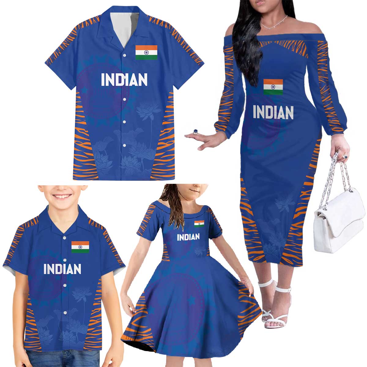 Custom Indian Bengal Tiger Cricket Family Matching Off The Shoulder Long Sleeve Dress and Hawaiian Shirt