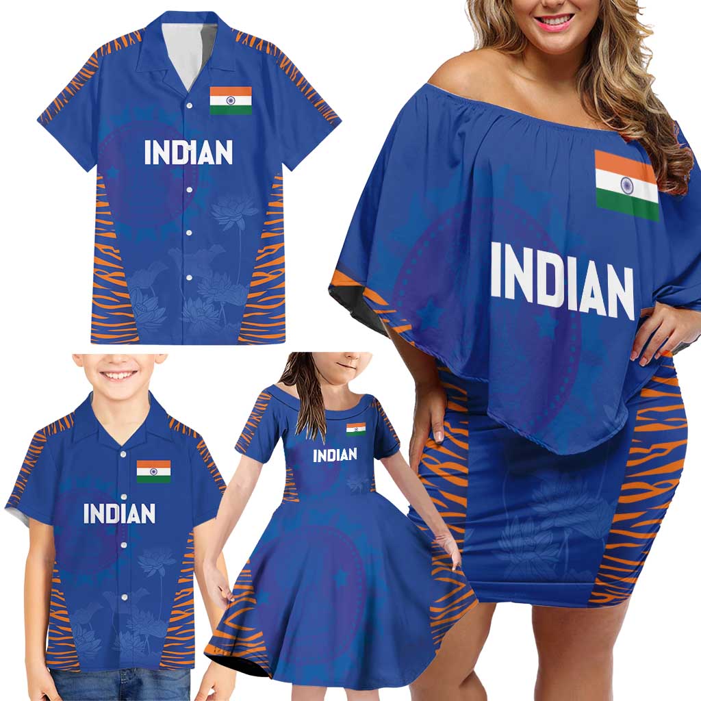 Custom Indian Bengal Tiger Cricket Family Matching Off Shoulder Short Dress and Hawaiian Shirt
