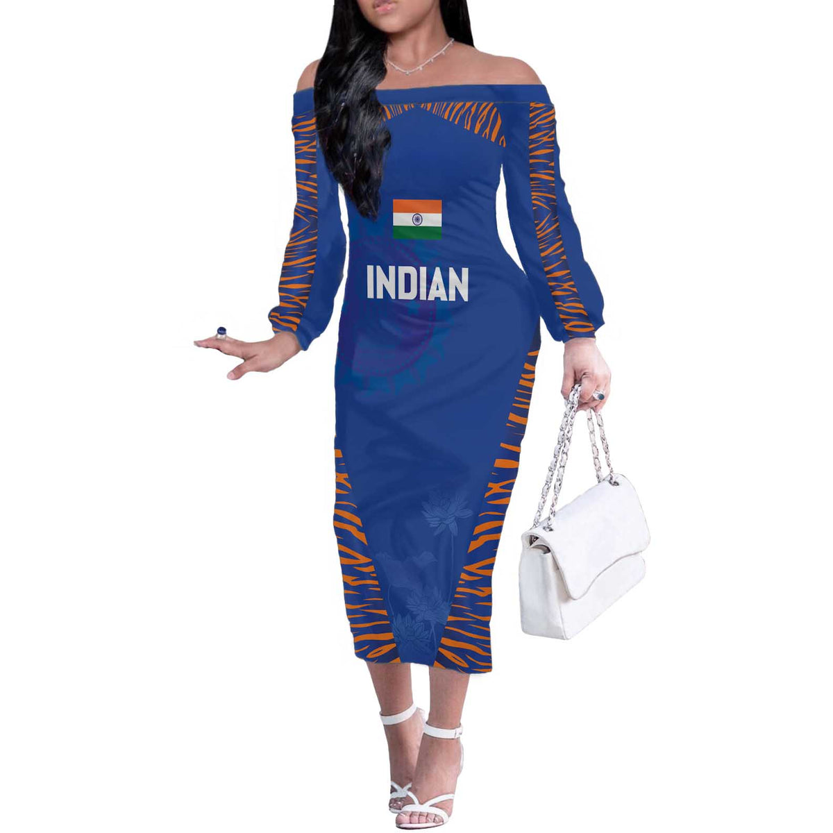 Custom Indian Bengal Tiger Cricket Off The Shoulder Long Sleeve Dress