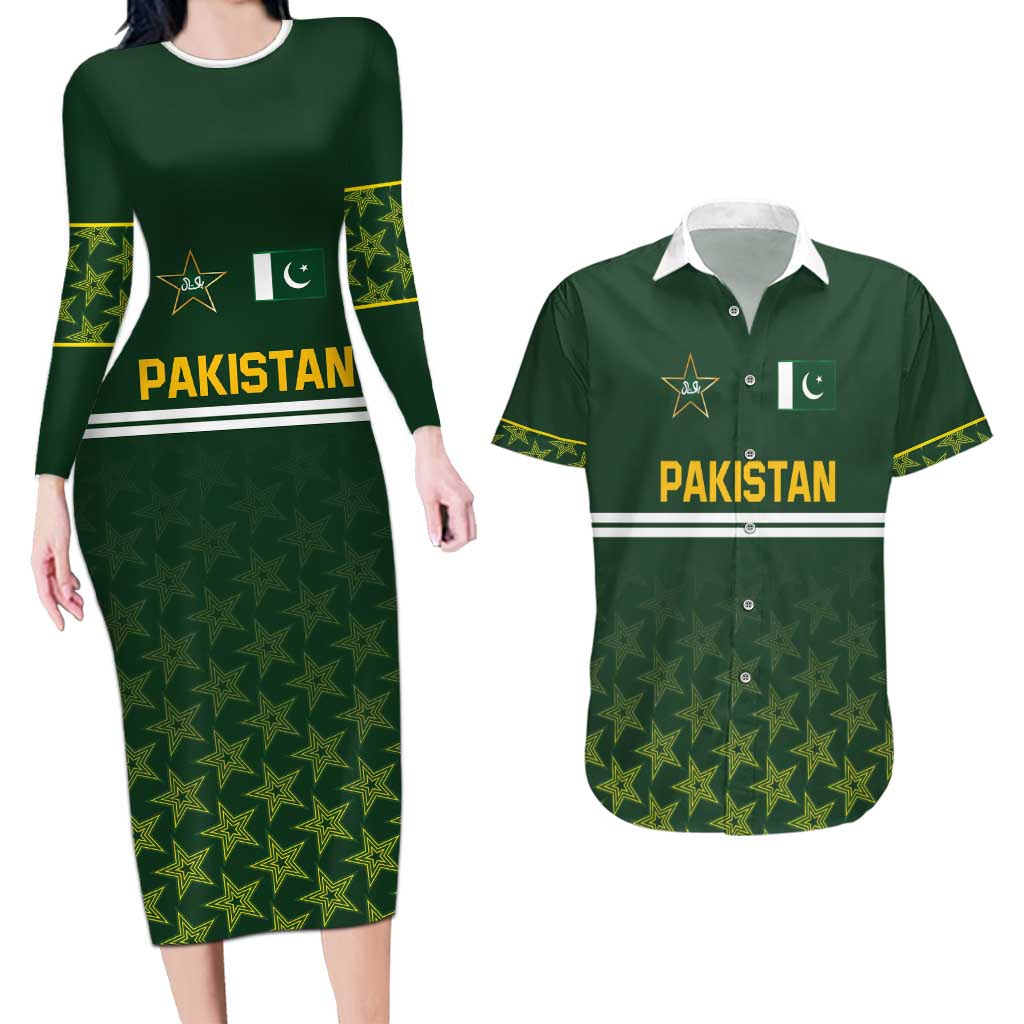 Custom Pakistan Men in Green Cricket-The Super Stars Couples Matching Long Sleeve Bodycon Dress and Hawaiian Shirt